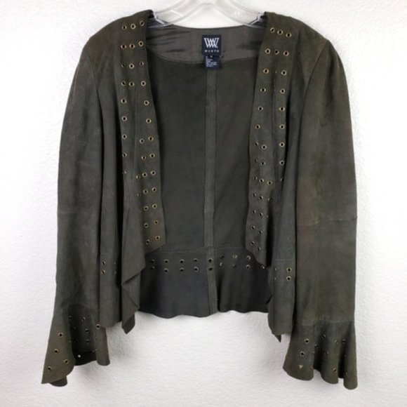 WORTH 100% Leather Suede Jacket Blazer in Olive Green Grommets Ruffles size 12 - Picture 1 of 13